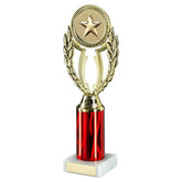 GOLD/RED 'WREATH' HOLDER ASSEMBLED ON MARBLE (2" CEN/3" TUBE) - 9.75in